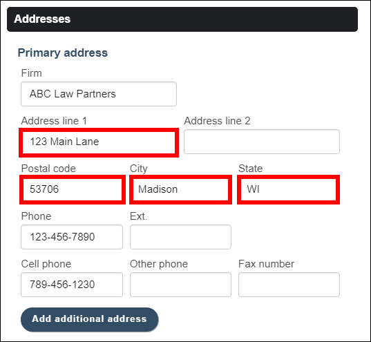 "Primary Address" page shows "Address line 1", "Postal code", "City" and "State" fields outlined in red