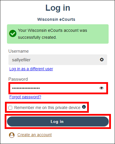 The "Log in" page of Circuit court eFiling shows a password field outlined in red. Below the password field, the “Remember me” checkbox is outlined in red. Below the “Remember me” checkbox, the “Log in” button is outlined in red.