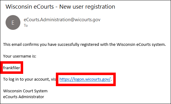 Account creation email with username and eCourts login hyperlink