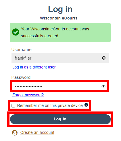 eCourts Log in screen with attention called to Password field, Remember me on this private device checkbox and the Log in button at the bottom