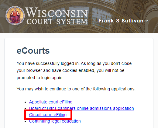Wisconsin eCourts homepage with attention called to the Circuit court eFiling application hyperlink