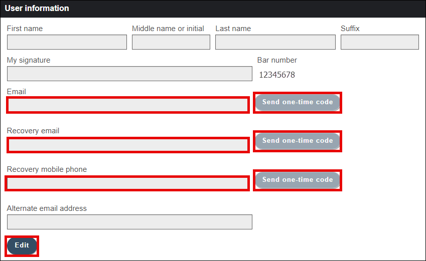 Edit user information screen with attention called to the email, recovery email and recovery mobile phone fields as well as their Send one-time code buttons