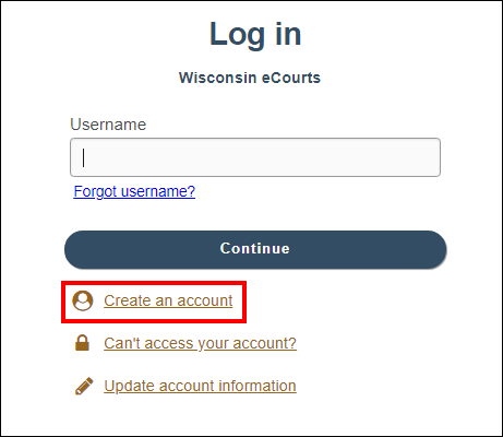 Wisconsin eCourts Login page with attention called to Create an account hyperlink