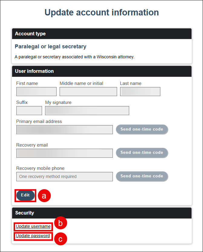 Update account information screen with attention called to the Edit button and Update username and Update password hyperlinks