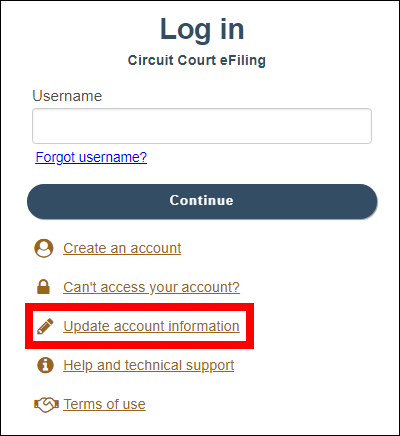 Wisconsin Circuit court eFiling log in screen with attention called to the Update account information hyperlink