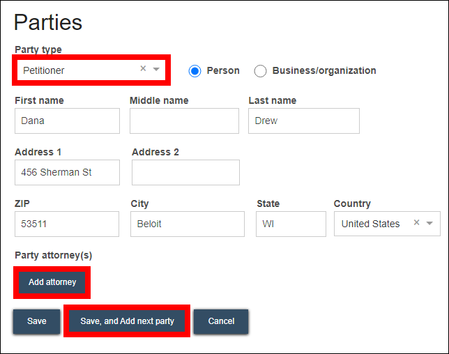 Parties entry screen with attention called to Party type dropdown menu, Add attorney button and Save and add next party button