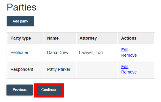 Parties screen with parties listed and attention called to Continue button