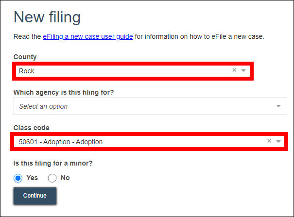 New filing screen with attention called to county and class code dropdown