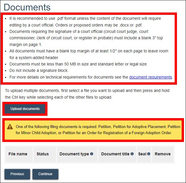 Documents screen with attention called to file requirements list and Upload documents button and informational banner describing which filing documents are required for the case type, including Petition, Petition for Adoptive Placement, Petition for Minor Child adoption, or Petition for an Order for Registration of a Foreign Adoption Order