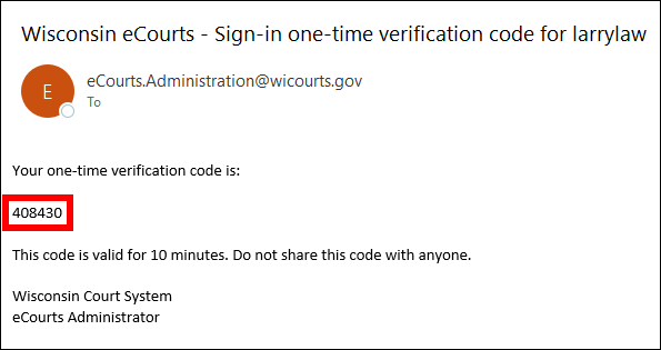 Example email with one-time verification code