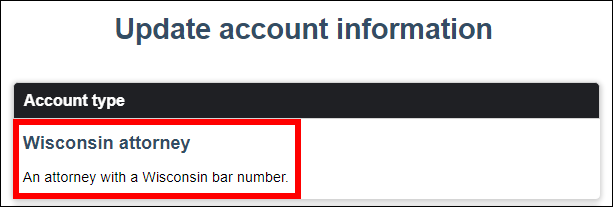 Update account information screen with attention called to the Account type of Wisconsin attorney