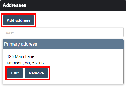 Addresses section with attention called to Add addresses button and the Edit and Remove buttons under Primary Address