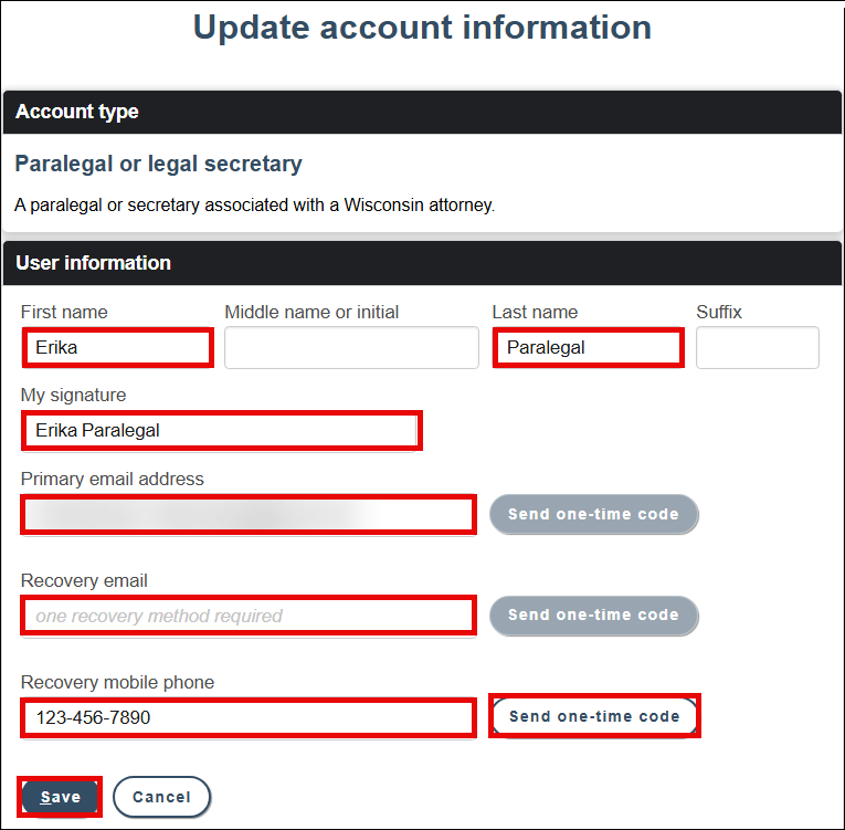 Update account information screen with attention called to the name and signature fields, the primary and recovery email address and mobile phone fields and the Send one-time code and Save buttons