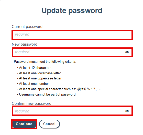 Update password screen with attention called to Current, new and confirm new password fields and Continue button below them
