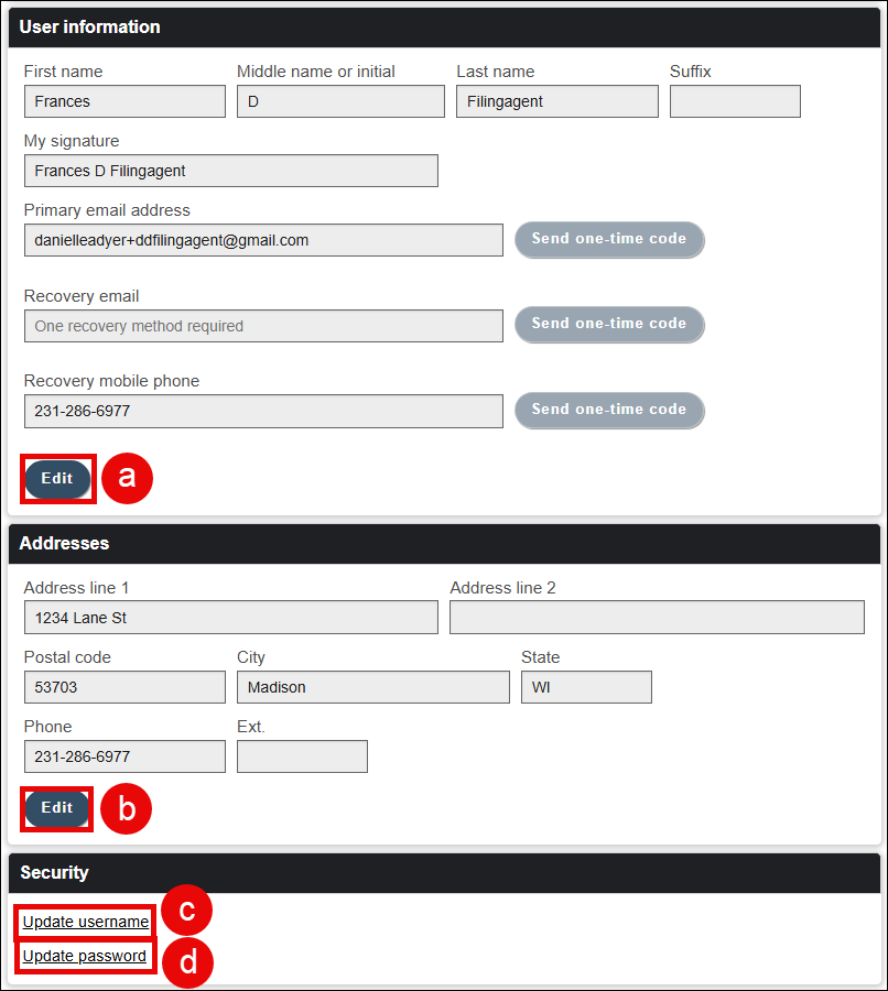 Update account information screen for filing agent with attention called to the Edit button for User information, the Edit button for Addresses and the Update username and password links