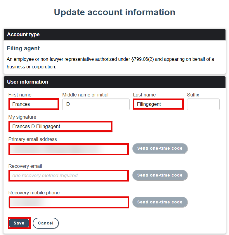 Edit user information screen with attention called to Name, My Signature and Primary email address fields as well as Recovery email and mobile phone number fields and the Save button