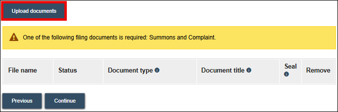 Documents screen with attention called to Upload documents button