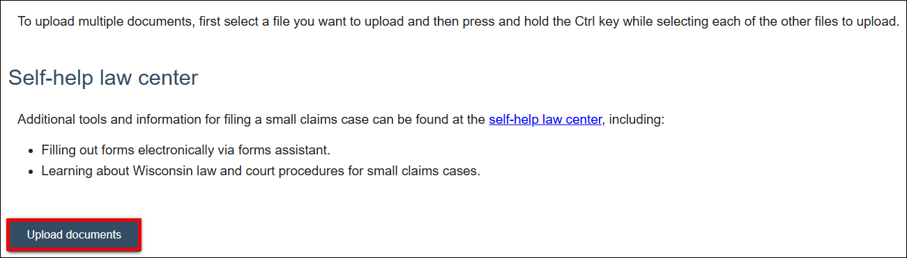 The Circuit Court eFiling, “Documents” page shows the “Upload documents” button outlined in red.