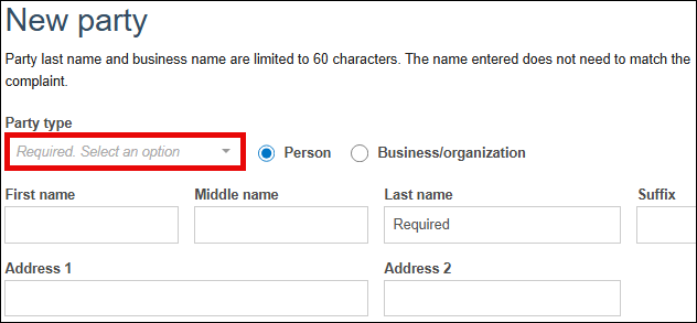 New party entry screen with attention called to Party type dropdown