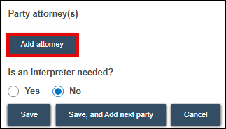 New party entry screen with attention called to Add attorney button