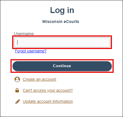 Wisconsin ecourts login page with attention called to username field and Continue button