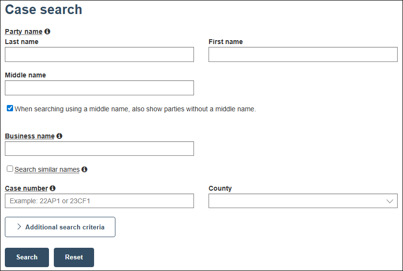 WSCCA Case search screen with basic search criteria including party name and case number