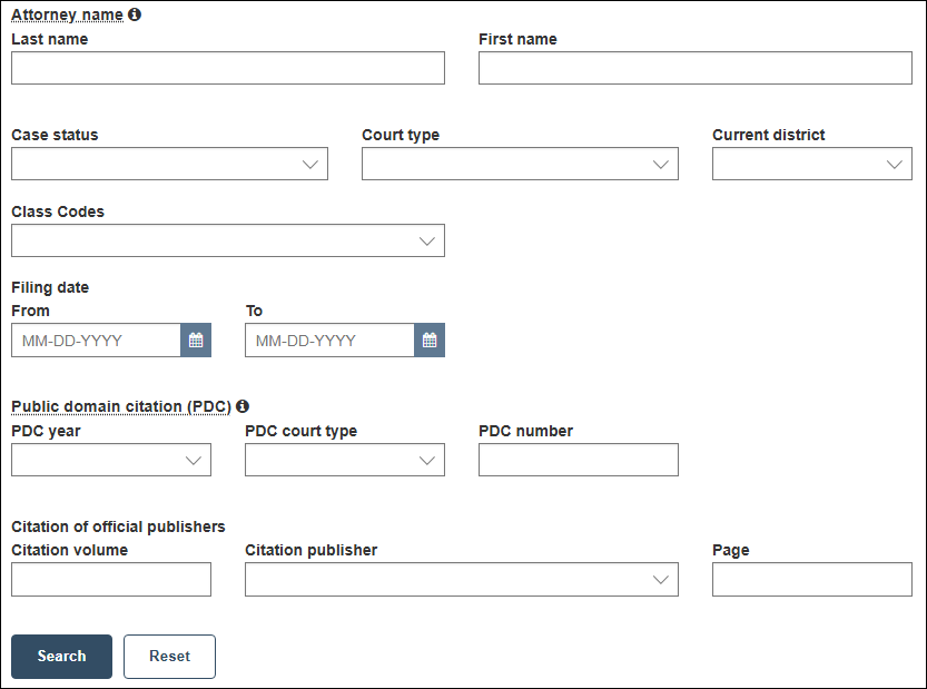 WSCCA case search additional search criteria fields including attorney name and filing date