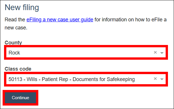 new filing screen with attention called to county dropdown, class code dropdown and continue button
