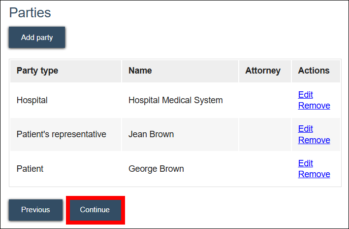 Parties screen with hospital, patient's representative and patient parties entered above the continue button