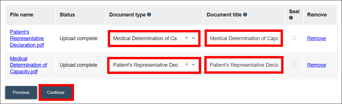 uploaded documents list with attention called to the document type dropdown menu and document title fields above the continue button