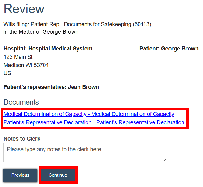 Review screen with attention called to hyperlinks to uploaded documents and the continue button