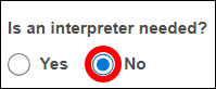 New party screen yes/no prompt for "Is an interpreter needed?"